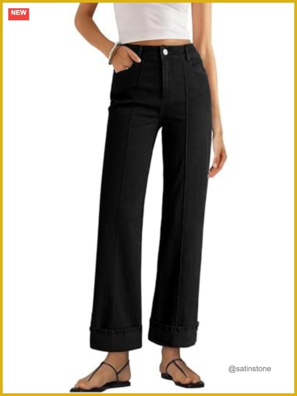 Women's Wide Leg Cuffed Jeans High Waisted Baggy Stretchy Denim Pants with